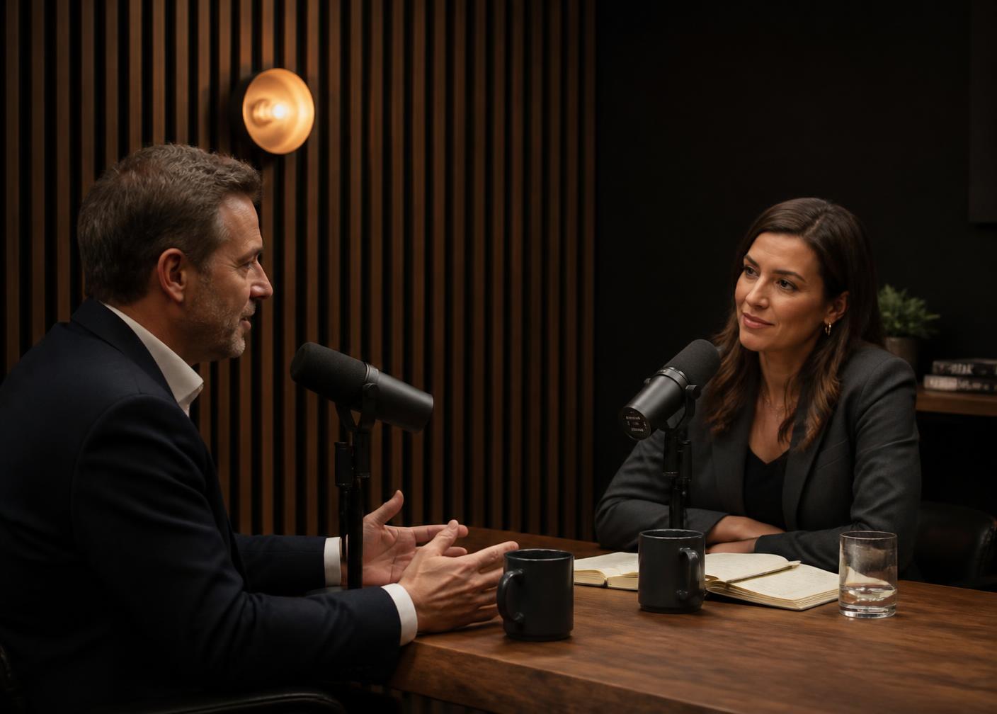 Ondernemer en gast in gesprek met RØDE-microfoons in de studio in Eindhoven