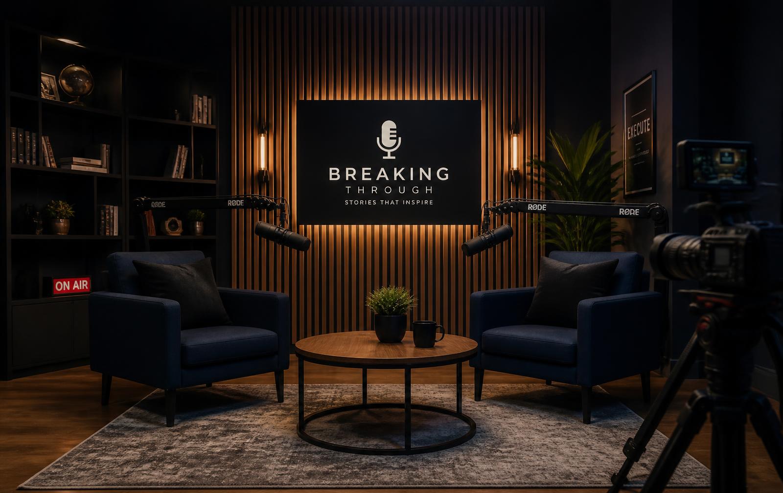Podcaststudio Eindhoven met houten akoestische wand, RØDE-microfoons en camera